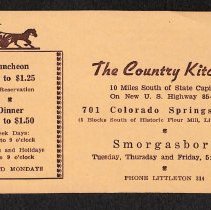 Postcard for The Country Kitchen showing hours and prices; unknown date.