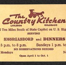 Business card for The Country Kitchen; unknown date.