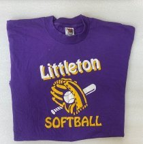 Purple Littleton Softball T-shirt wtih yellow and white text and graphic