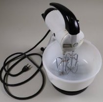 Sunbeam stand mixer with two beater and opaque glass bowl; 1950.