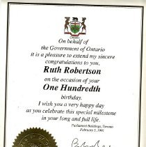 Ruth Robertson's 100th Birthday Letter, 1991