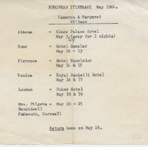 Itinerary of Cameron and Margaret Hillmer trip to Europe
