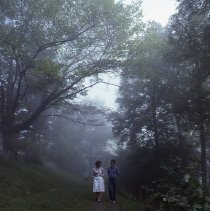 A couple walking through mist at Dingle Park