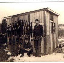 2 boys near hanging skunk pelts