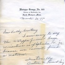 Letter to Secretary if Westport Grange #365