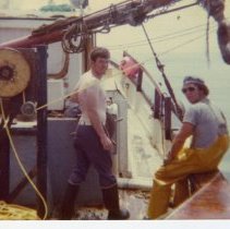 Hauling lobster gear on F/V Side Show 1975