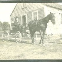 2 MEN WITH HORSE AND BUGGY IN FRONT OF HOUSE