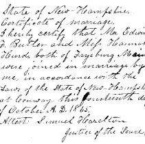 Butler-Hurd Marriage Certificate, dated 14 Oct 1865