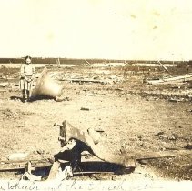 Clinton Methodist Episcopal Church after tornado, Maida Wheeler with Church