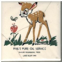 A ceramic coaster with a painted Walt Disney image of Bambi