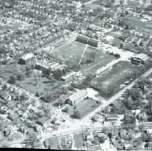 Aerial view Ashland College campus, Ashland, Ohio taken May 6, 1957.