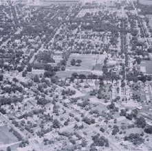 Aerial view Ashland College campus, Ashland, Ohio taken June 20, 1957.