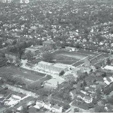 Aerial view Ashland College campus, Ashland, Ohio taken May 5, 1959.