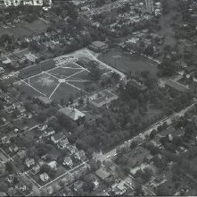 Aerial view Ashland College campus, Ashland, Ohio taken May 31, 1960.