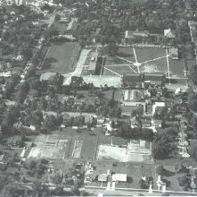 Aerial view Ashland College campus, Ashland, Ohio taken June 27, 1960.