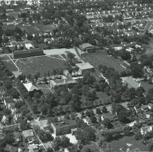Aerial view Ashland College campus, Ashland, Ohio taken June 17, 1961.