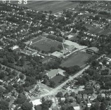 Aerial view Ashland College campus, Ashland, Ohio taken June 27, 1961.