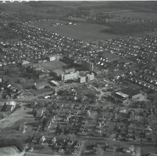 Aerial view Ashland College campus, Ashland, Ohio taken November 21, 1966.