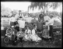 Large group on tennis ground, photo by Alice Austen, 1888