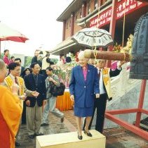 Mayor McCallion at the great bell at Fo Guang Shan Temple