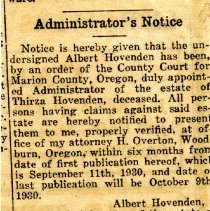 Administrator Notice on Thirza Hovenden's Estate