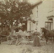 Couple with Horse Drawn Wagon Filled with Produce in Front of House