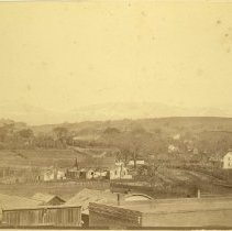 View north east from roof of Sotoyome House, Healdsburg, snow on Geyser Range, 1873