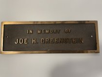 Plaque in memory of Joe H. Greenstein for the Jewish Hospital chapel dedication