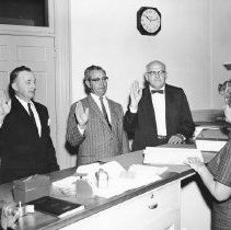 Swearing in of Selectmen, Dick Venus, Paul Morganti, Leo Carroll, c. 1959