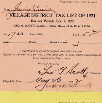 1921 Ridgefield Town and Village District Tax Receipts for Jennie Curie