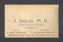 Business card of J. Sadler, M.D.