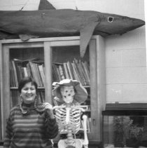 58.Lucy Pope stands with skeleton