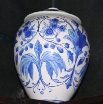Covered blue and white jar