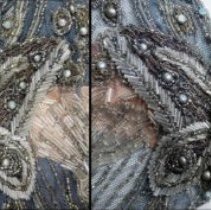 Blue Silk Evening Dress, butterfly beading (left) repaired (right)