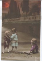 Two Boys and One Girl with Toy Pull Trains