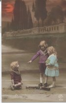 Two Boys and One Girl with Pull Toy Trains