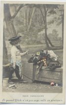 Two Comrades: Boy Scolds Dog with Tin Floor Toy on Top of Him