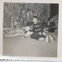 Two Boys with Lionel Freight Set under Christmas Tree