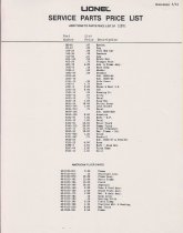 Additions to the Lionel Service Parts Price List