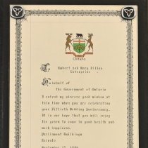 Hubert and Mary Dillon 50th wedding anniversary greetings from the Premier of Ontario