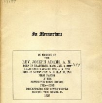 Exercises at the Unveiling of the Rev. Joseph Adams Memorial Tablet.