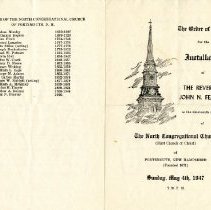 The order of service for the installationn of the Reverend John N. Feaster, as the nineteenth minister of the North Congregational Church (First Church of Christ) of Portsmouth, New Hampshire (founded 1671), Sunday, May 4, 1947, 7:30 p.m.