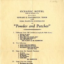 Oceanic Hotel, Isles of Shoals, N.H., presents Howard D. Harrington, tenor and Irma Watson, contralto in "Powder and Patches."