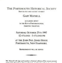 The Portsmouth Historical Society invites you and a guest to meet Gary Matsell, acclaimed artist in the Rufus Porter/colonial primitive tradition, Oct. 25, 1997.