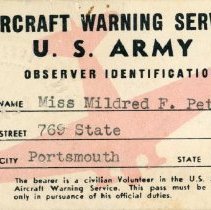 Mildred Peterson Aircraft Warning Service Observer ID card (front)