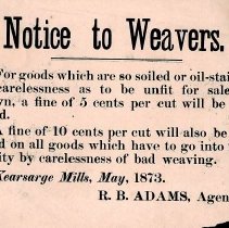 Kearsarge Mills. Notice to weavers, Kearsarge Mills, Portsmouth, N.H., 1873. (Acces. #S670).