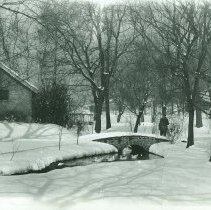 Winter scene with ducks crossing under bridge