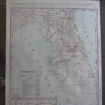 Map of two mitered pages (pgs 204, 205) of state of Florida with colored coded markings of Railroad lines. Dimensions: 25" x 18" (Map probably prior to 1889, when compared to 2015.002.078, because fewer railroad lines)