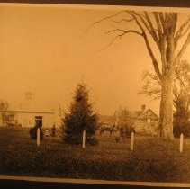 Jacob Strong house and barn, with children and a horse
