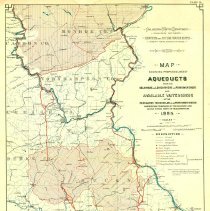 Map showing proposed lines of aqueducts from the Delaware and Lehigh Rivers and Perkiomen Creek also available waterways of the Neshaminy, Tohickon, Mill and Perkiomen Creeks and of certain tributaries of the Delaware and Lehigh Rivers north of the Blue Mountains.  1885.  Philadelphia Water Department, Surveys for a future water supply.  Plate II.